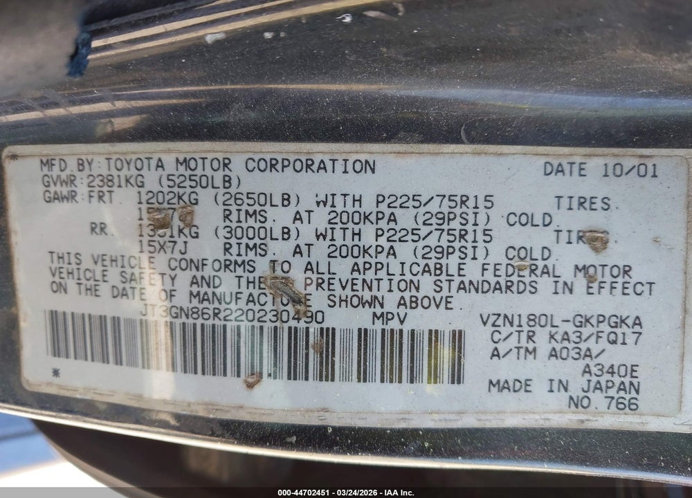 2002 TOYOTA 4RUNNER SR5 V6 VIN: JT3GN86R220230490