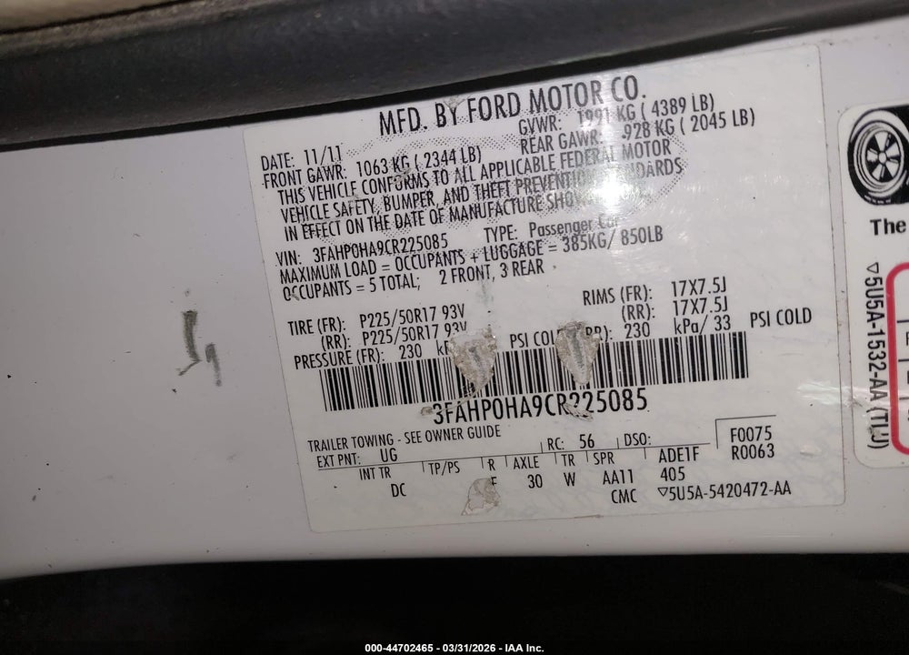 2012 FORD FUSION SE VIN: 3FAHP0HA9CR225085