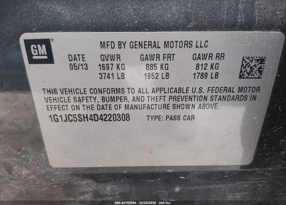 2013 CHEVROLET SONIC LT VIN: 1G1JC5SH4D4220308