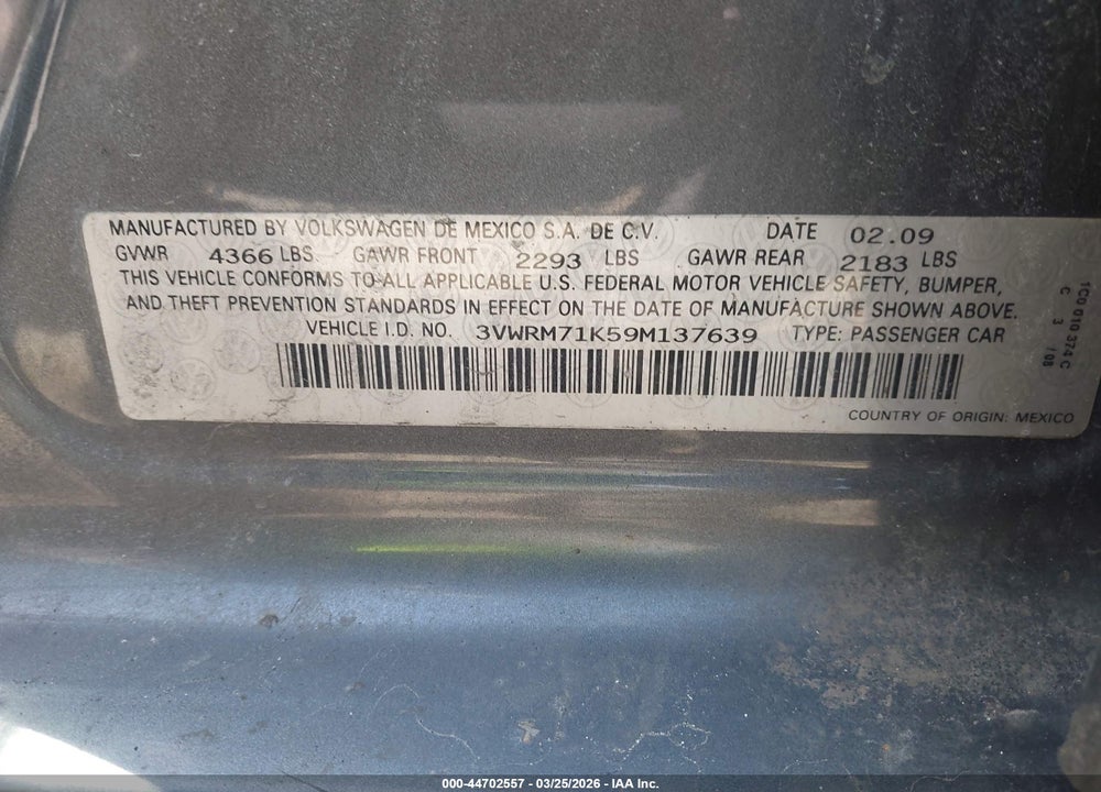 2009 VOLKSWAGEN JETTA SE VIN: 3VWRM71K59M137639
