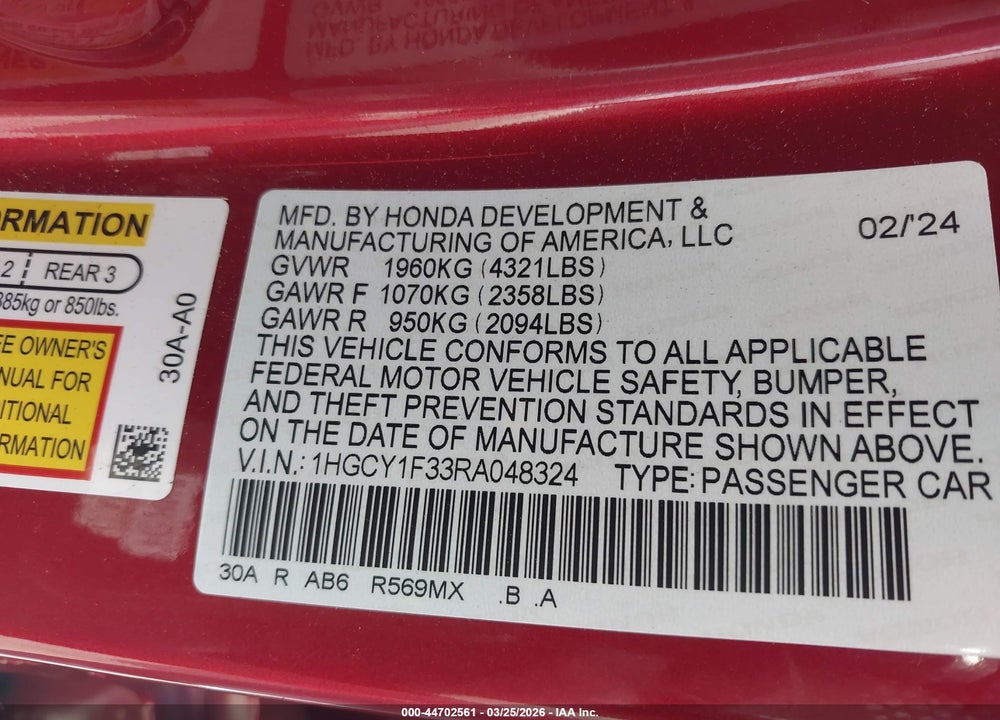 2024 HONDA ACCORD EX VIN: 1HGCY1F33RA048324
