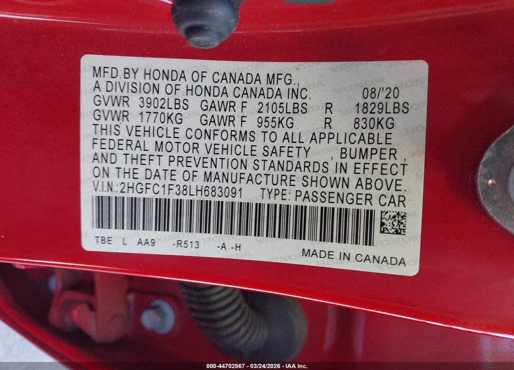 2020 HONDA CIVIC EX VIN: 2HGFC1F38LH683091