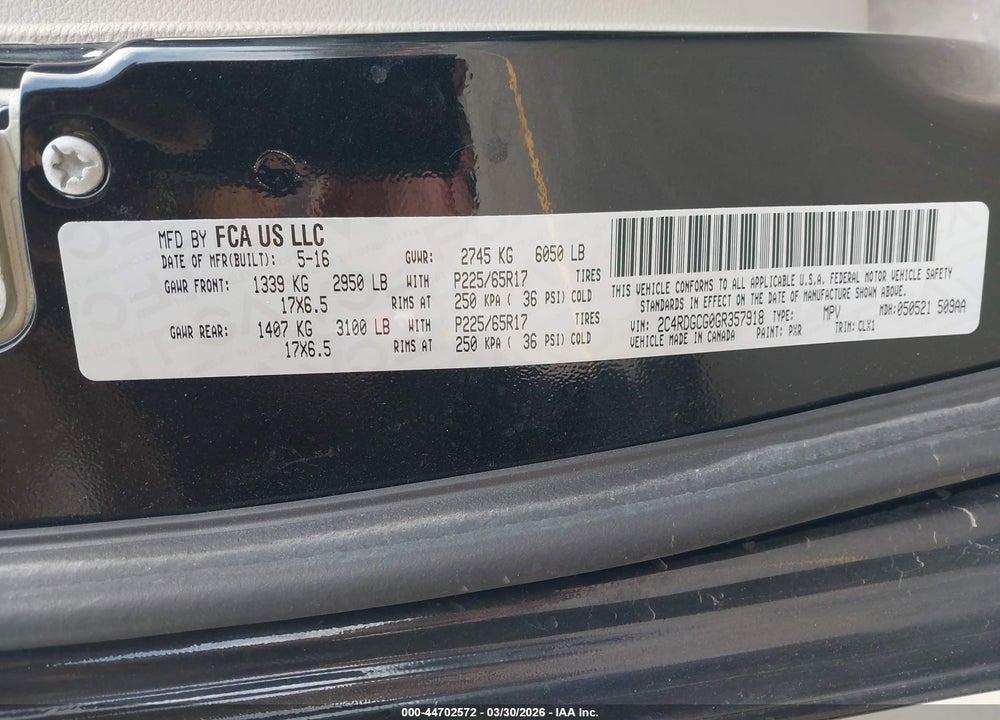 2016 DODGE GRAND CARAVAN SXT VIN: 2C4RDGCG0GR357918