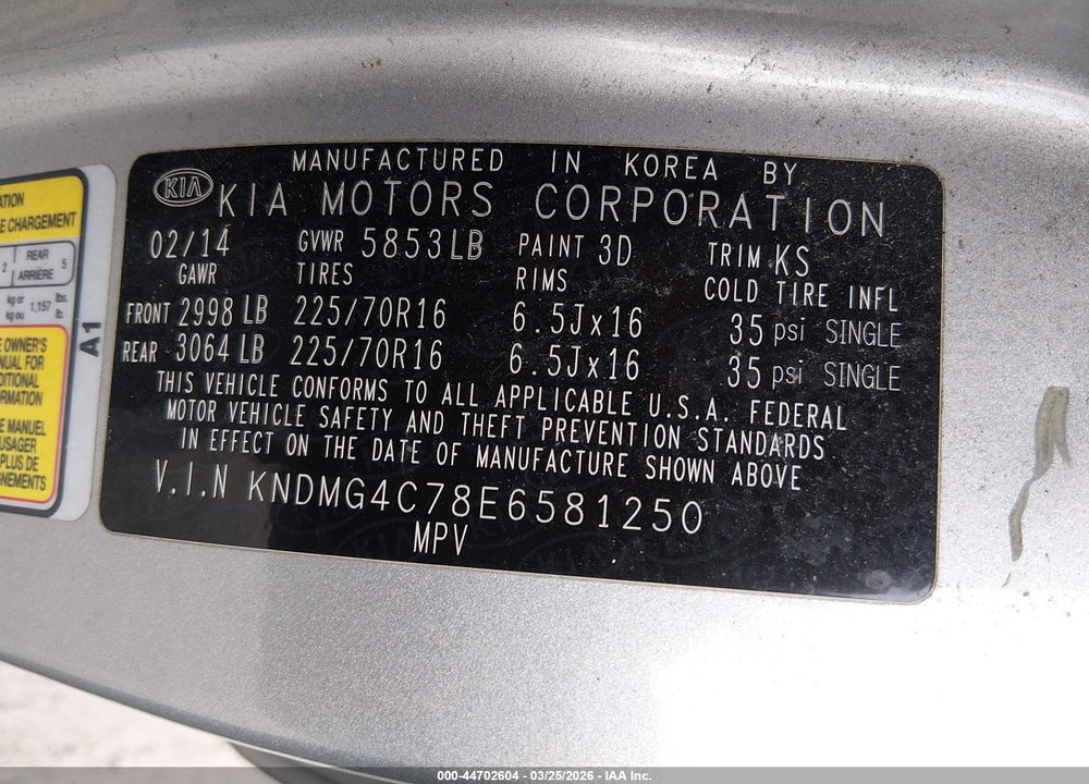 2014 KIA SEDONA LX VIN: KNDMG4C78E6581250