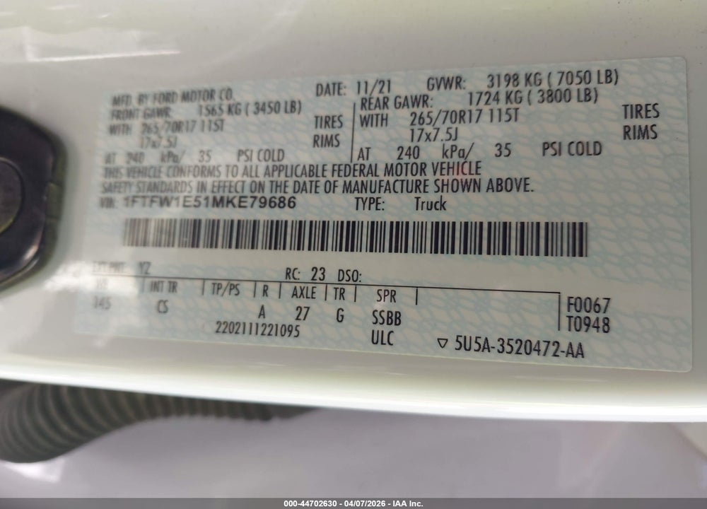 2021 FORD F-150 XL VIN: 1FTFW1E51MKE79686
