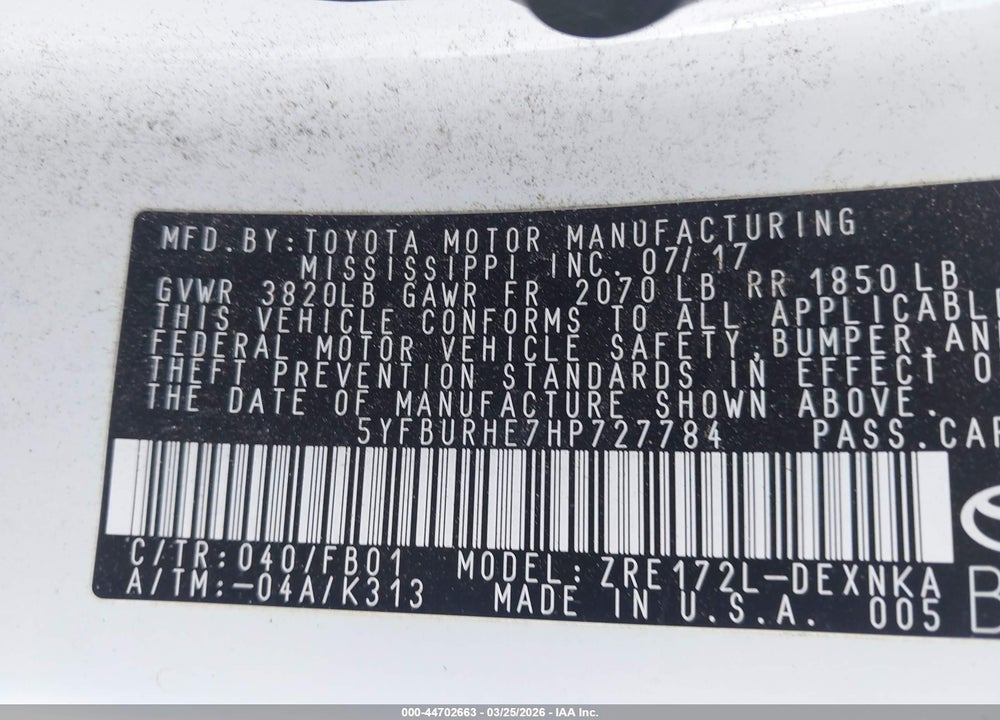2017 TOYOTA COROLLA LE VIN: 5YFBURHE7HP727784