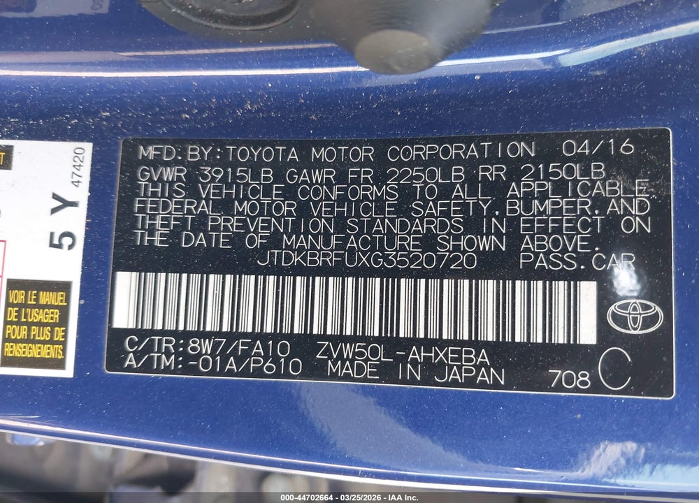 2016 TOYOTA PRIUS TWO VIN: JTDKBRFUXG3520720