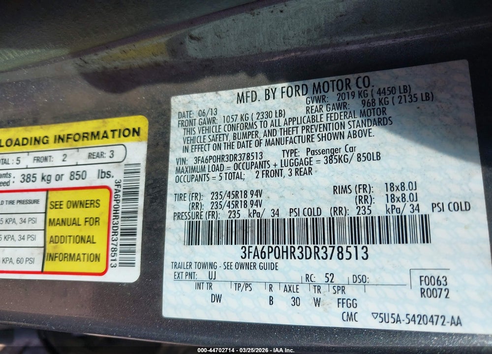 2013 FORD FUSION SE VIN: 3FA6P0HR3DR378513