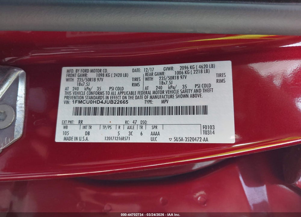 2018 FORD ESCAPE SEL VIN: 1FMCU0HD4JUB22665