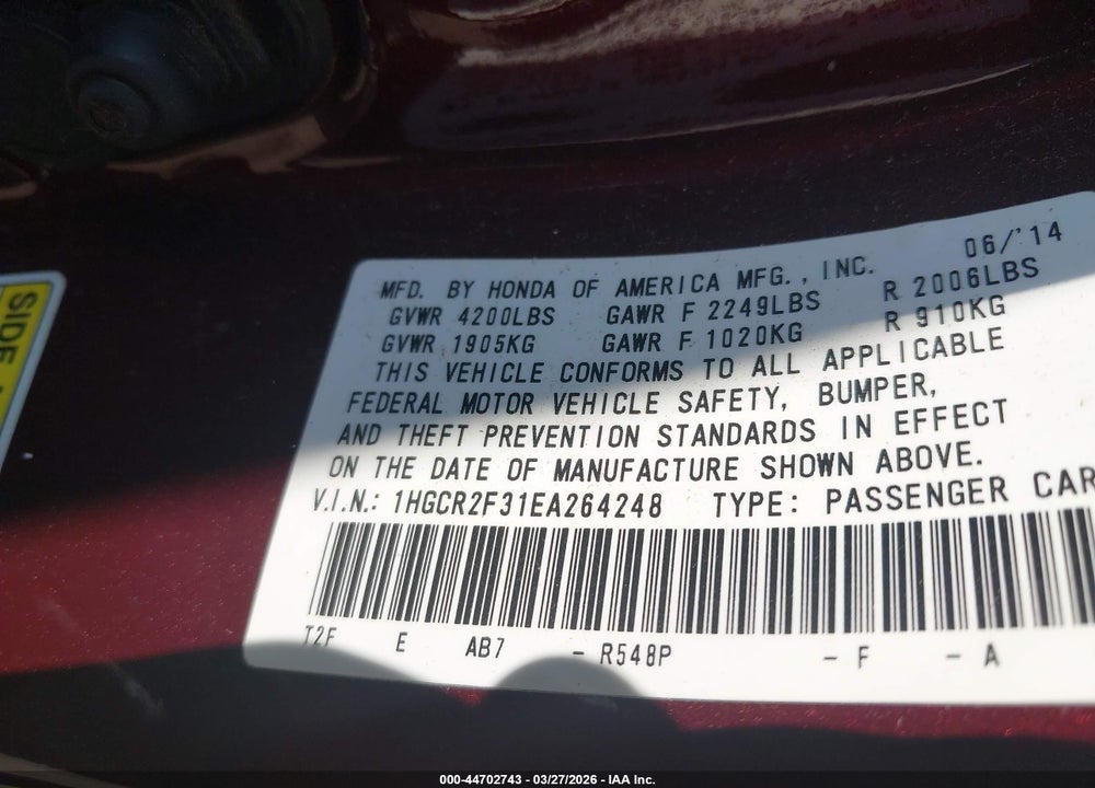 2014 HONDA ACCORD LX VIN: 1HGCR2F31EA264248