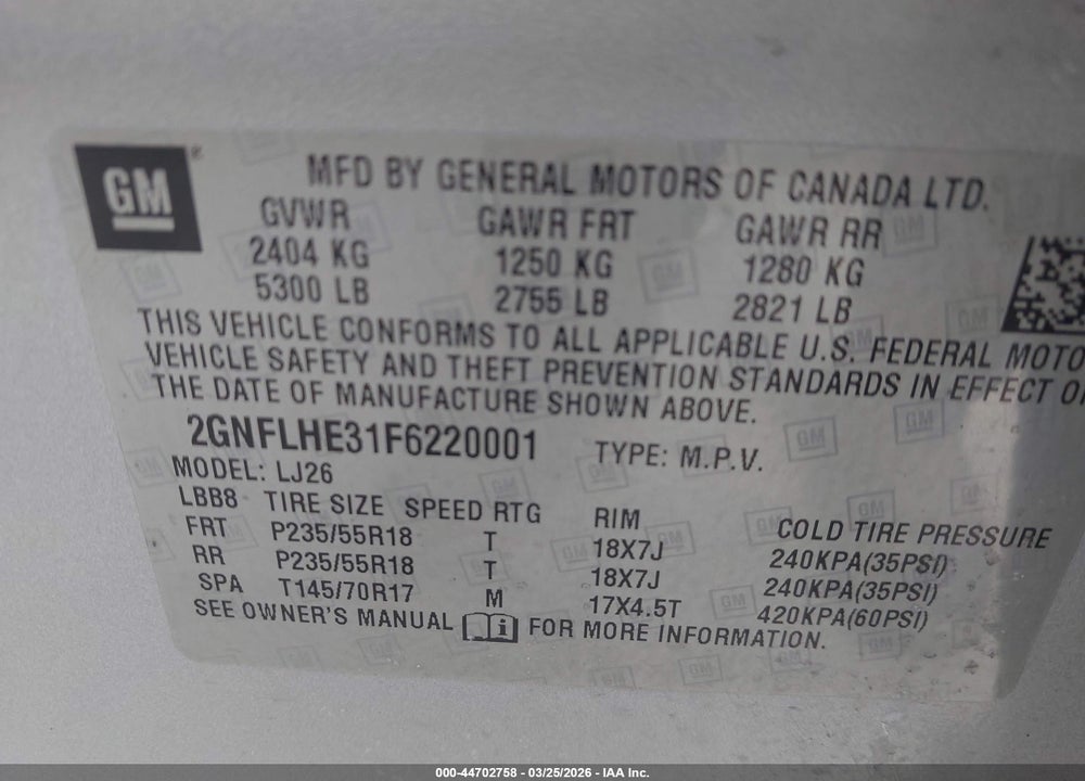 2015 CHEVROLET EQUINOX LTZ VIN: 2GNFLHE31F6220001