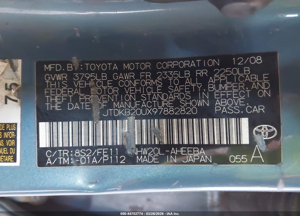 2009 TOYOTA PRIUS VIN: JTDKB20UX97882820