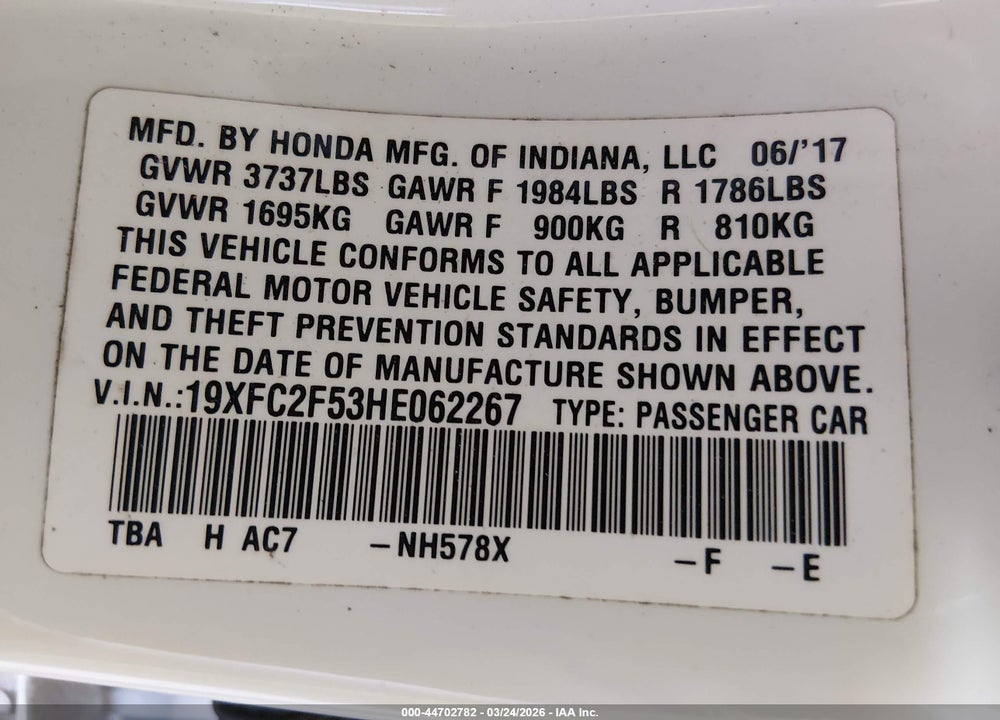 2017 HONDA CIVIC LX VIN: 19XFC2F53HE062267