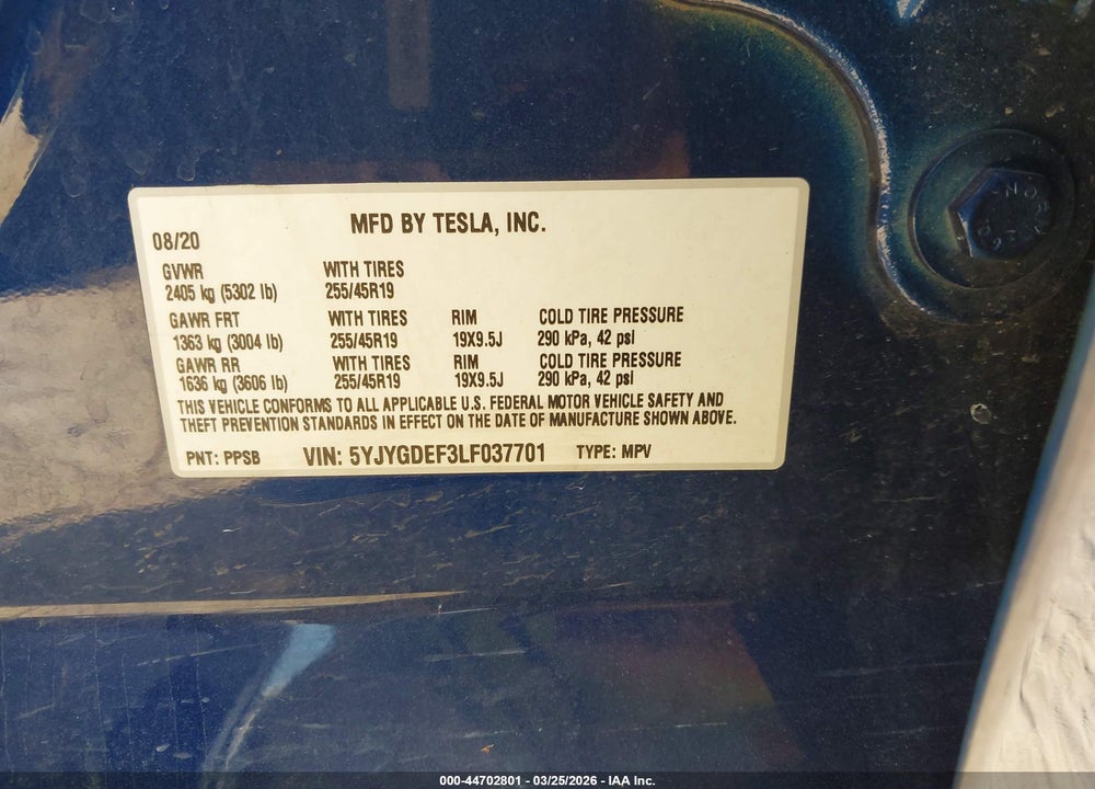 2020 TESLA MODEL Y LONG RANGE DUAL MOTOR ALL-WHEEL DRIVE/PERFORMANCE DUAL MOTOR ALL-WHEEL DRIVE VIN: 5YJYGDEF3LF037701