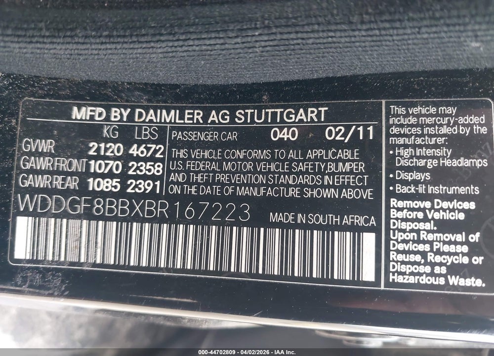 2011 MERCEDES-BENZ C 300 LUXURY 4MATIC VIN: WDDGF8BBXBR167223