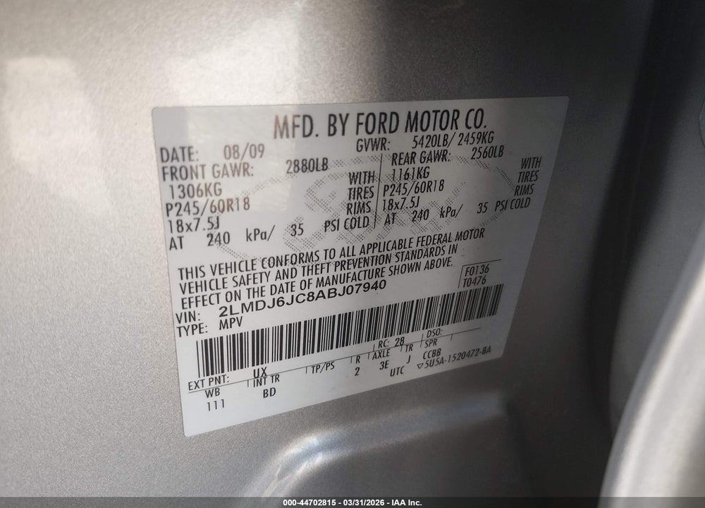 2010 LINCOLN MKX VIN: 2LMDJ6JC8ABJ07940