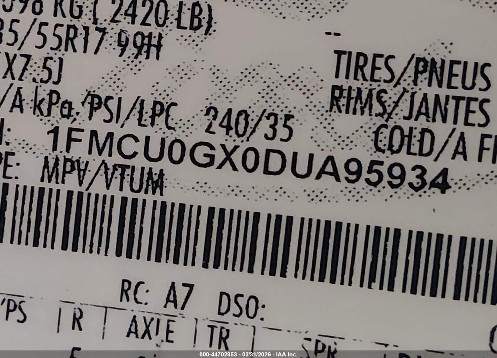 2013 FORD ESCAPE SE VIN: 1FMCU0GX0DUA95934