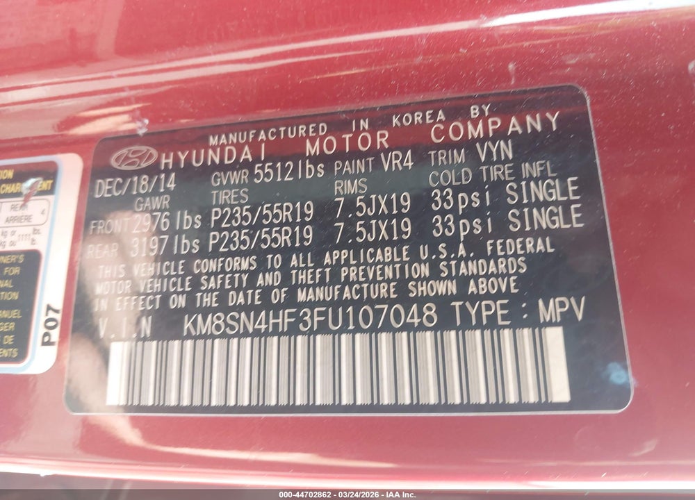 2015 HYUNDAI SANTA FE LIMITED VIN: KM8SN4HF3FU107048