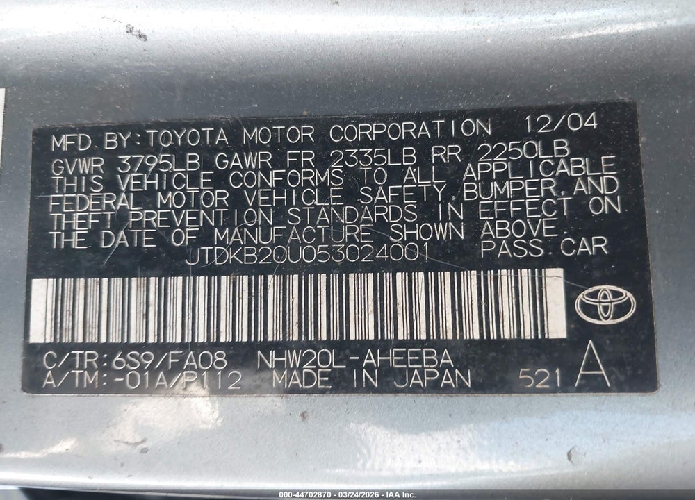 2005 TOYOTA PRIUS VIN: JTDKB20U053024001
