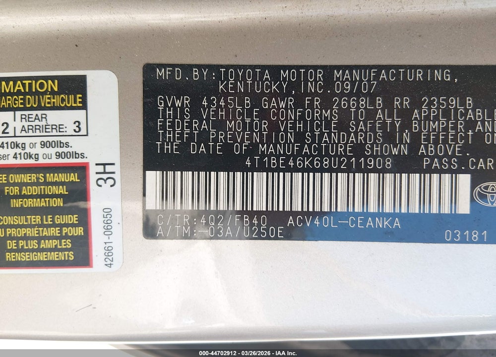 2008 TOYOTA CAMRY LE VIN: 4T1BE46K68U211908