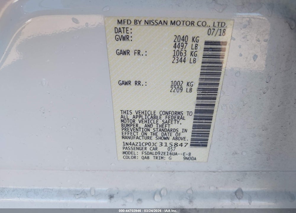 2018 NISSAN LEAF SV VIN: 1N4AZ1CP0JC315847