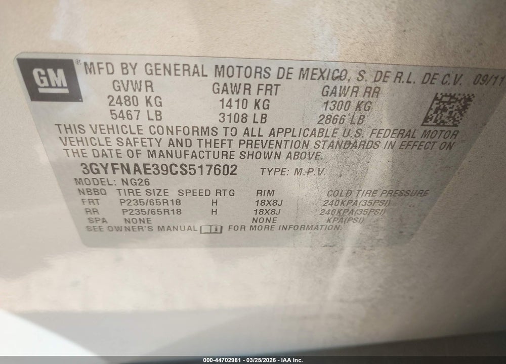 2012 CADILLAC SRX LUXURY COLLECTION VIN: 3GYFNAE39CS517602