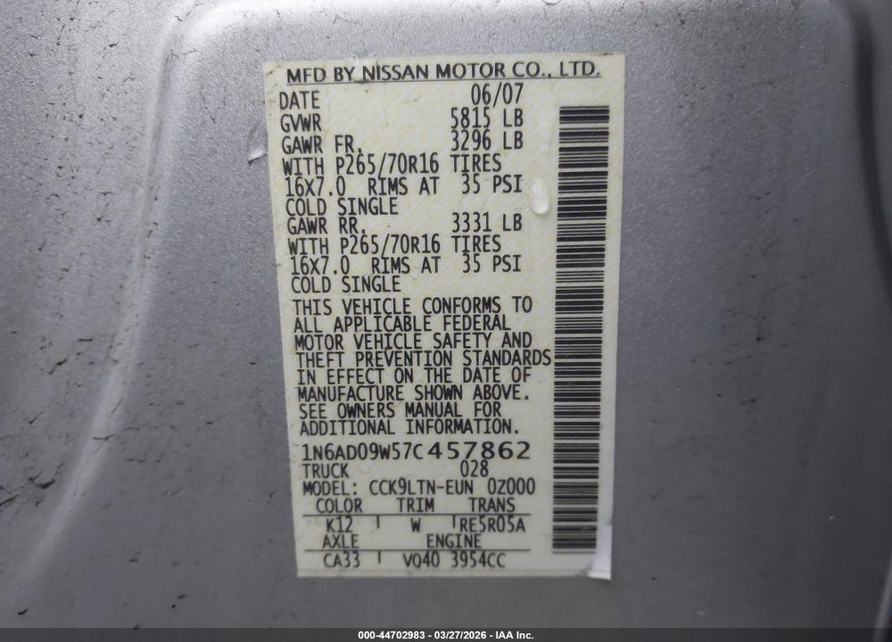 2007 NISSAN FRONTIER SE VIN: 1N6AD09W57C457862
