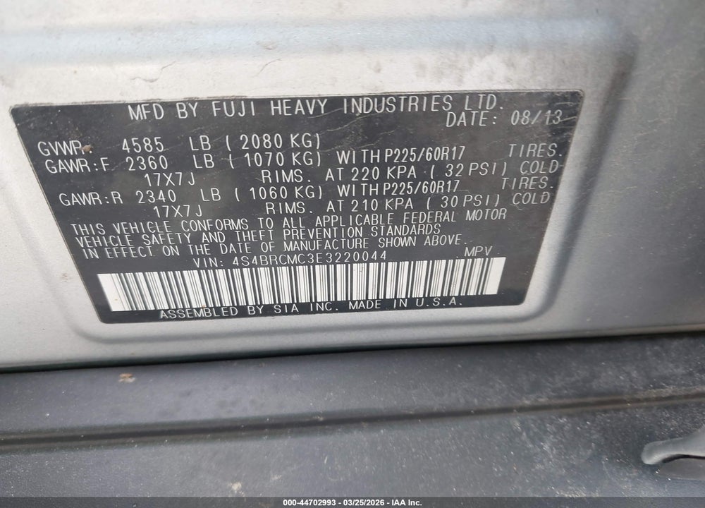 2014 SUBARU OUTBACK 2.5I LIMITED VIN: 4S4BRCMC3E3220044
