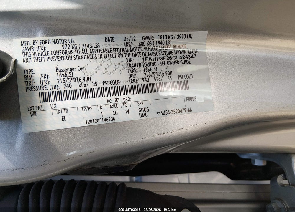 2012 FORD FOCUS SE VIN: 1FAHP3F26CL424347