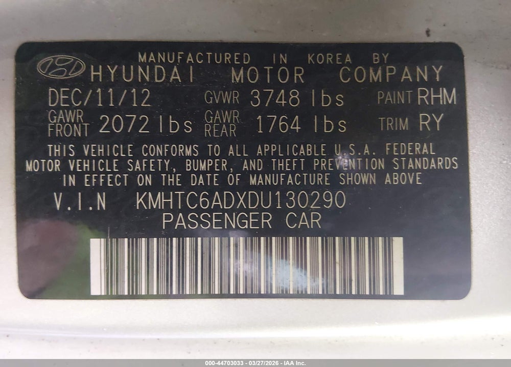 2013 HYUNDAI VELOSTER BASE W/BLACK VIN: KMHTC6ADXDU130290