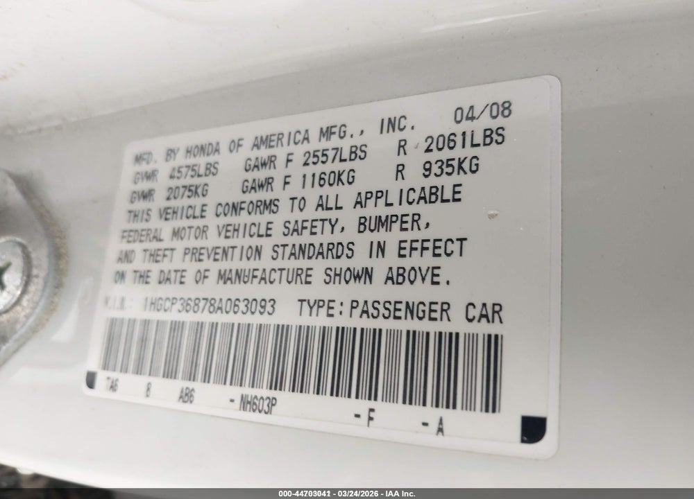 2008 HONDA ACCORD 3.5 EX-L VIN: 1HGCP36878A063093