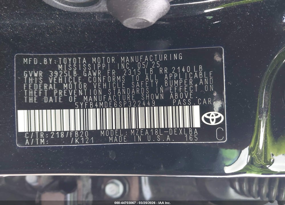 2025 TOYOTA COROLLA LE VIN: 5YFB4MDE6SP322449