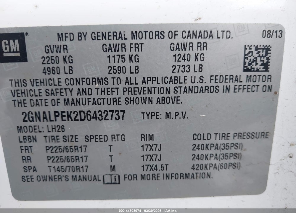 2013 CHEVROLET EQUINOX 2LT VIN: 2GNALPEK2D6432737