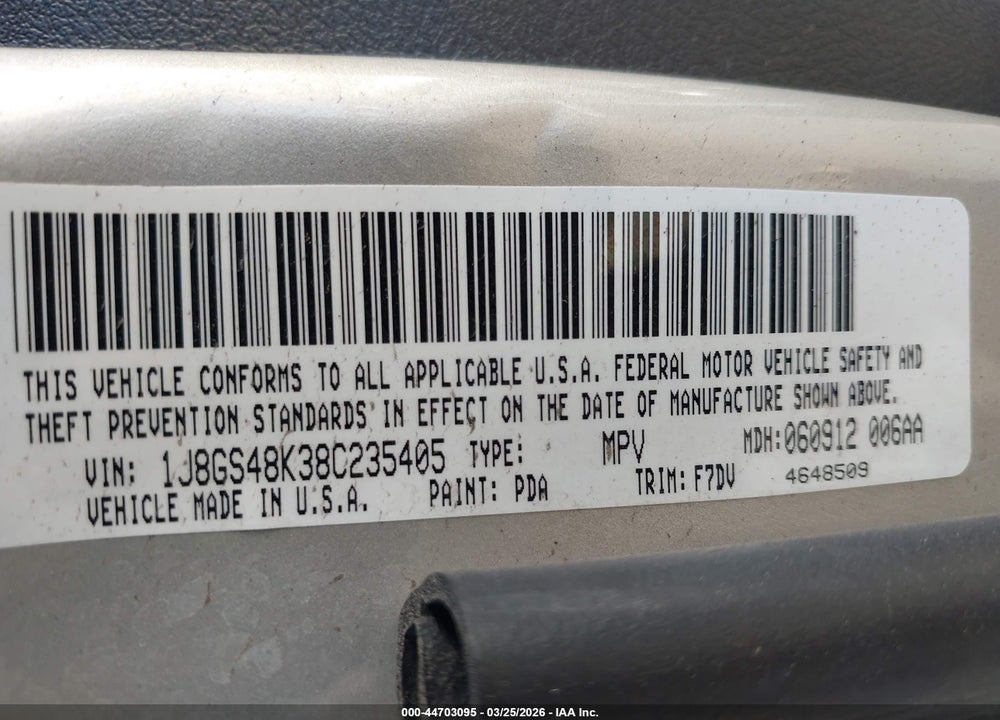 2008 JEEP GRAND CHEROKEE LAREDO VIN: 1J8GS48K38C235405