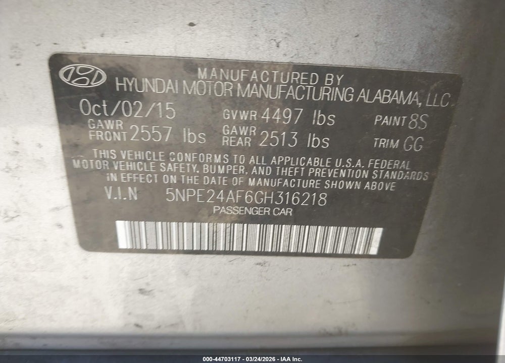 2016 HYUNDAI SONATA SE VIN: 5NPE24AF6GH316218
