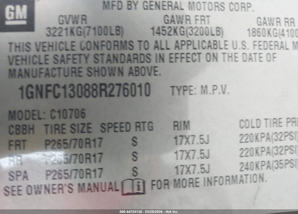 2008 CHEVROLET TAHOE LS VIN: 1GNFC13088R276010