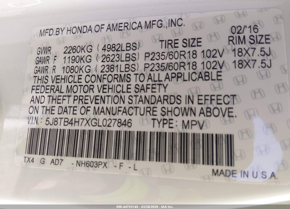 2016 ACURA RDX ADVANCE PACKAGE VIN: 5J8TB4H7XGL027846