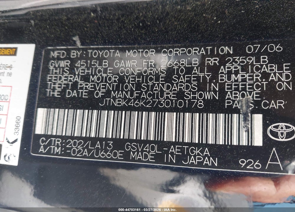2007 TOYOTA CAMRY XLE V6 VIN: JTNBK46K273010178
