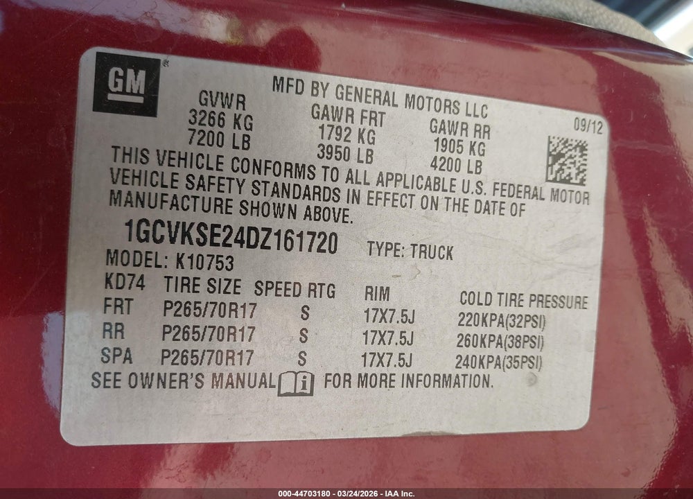 2013 CHEVROLET SILVERADO 1500 LT VIN: 1GCVKSE24DZ161720