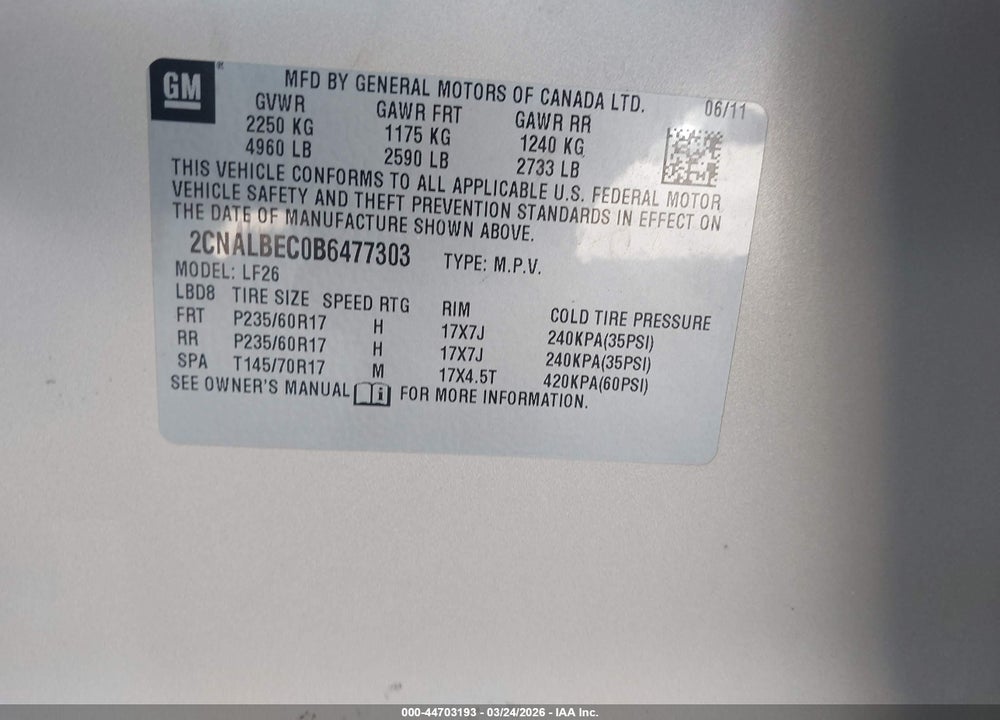 2011 CHEVROLET EQUINOX LS VIN: 2CNALBEC0B6477303
