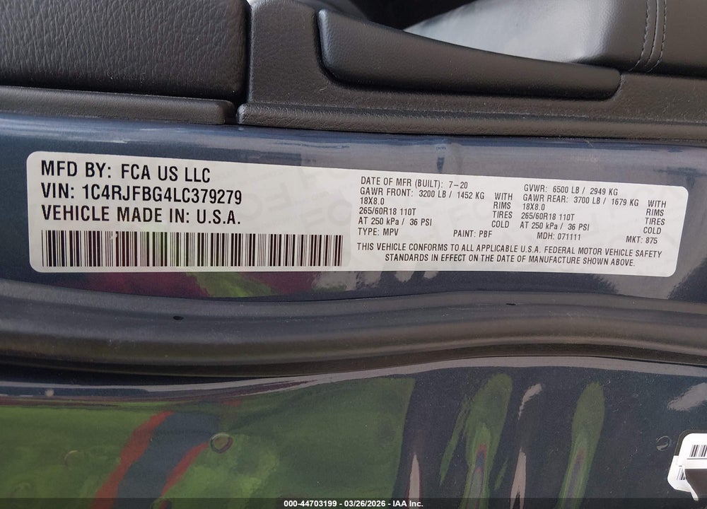 2020 JEEP GRAND CHEROKEE LIMITED 4X4 VIN: 1C4RJFBG4LC379279
