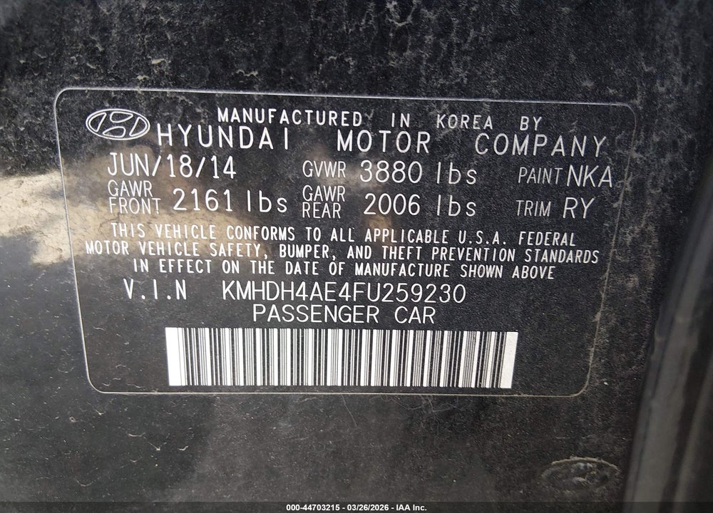 2015 HYUNDAI ELANTRA SE VIN: KMHDH4AE4FU259230