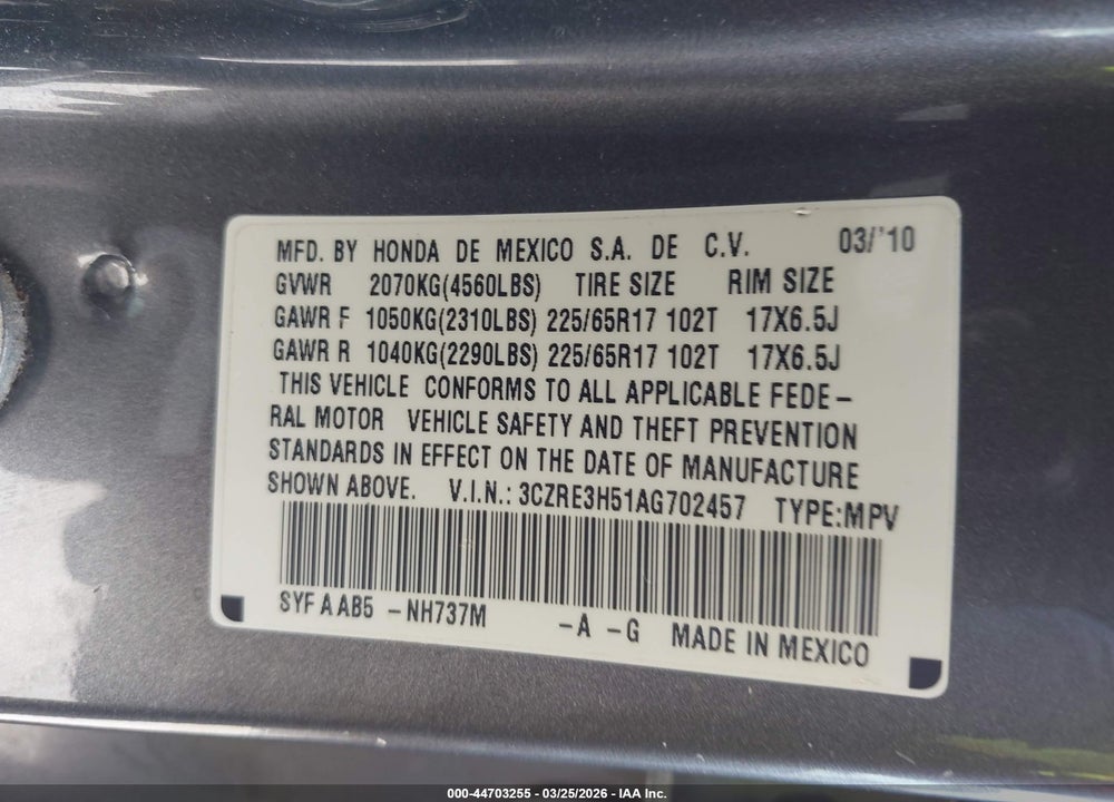 2010 HONDA CR-V EX VIN: 3CZRE3H51AG702457