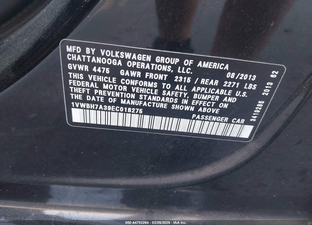 2014 VOLKSWAGEN PASSAT 2.5L SE VIN: 1VWBH7A39EC018275