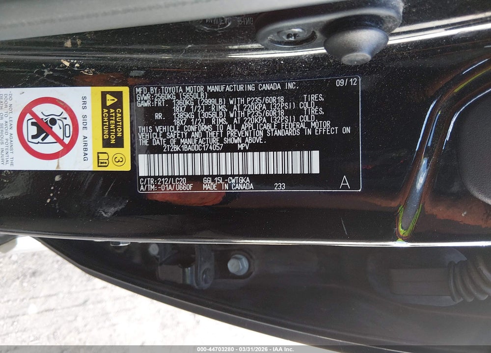 2013 LEXUS RX 350 VIN: 2T2BK1BA0DC174057