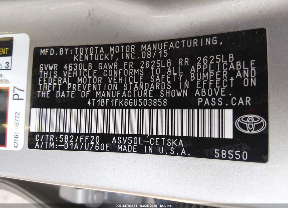 2016 TOYOTA CAMRY SE VIN: 4T1BF1FK6GU503858