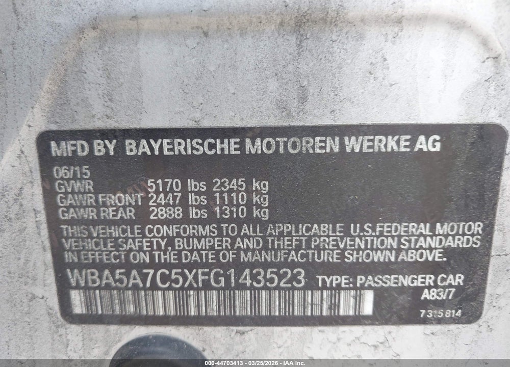 2015 BMW 528I XDRIVE VIN: WBA5A7C5XFG143523