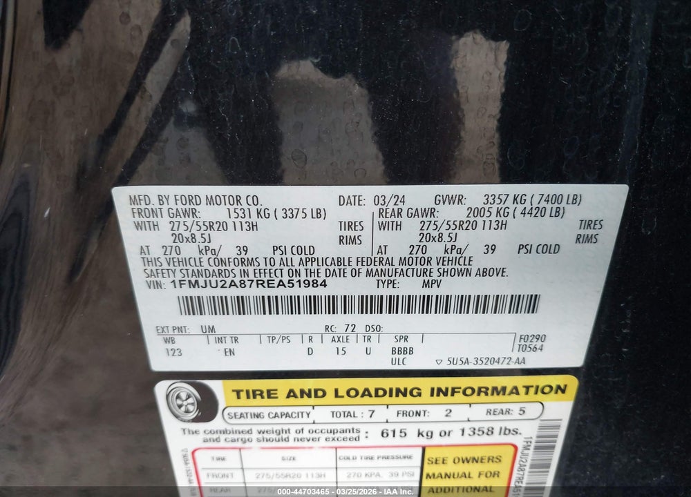 2024 FORD EXPEDITION LIMITED VIN: 1FMJU2A87REA51984
