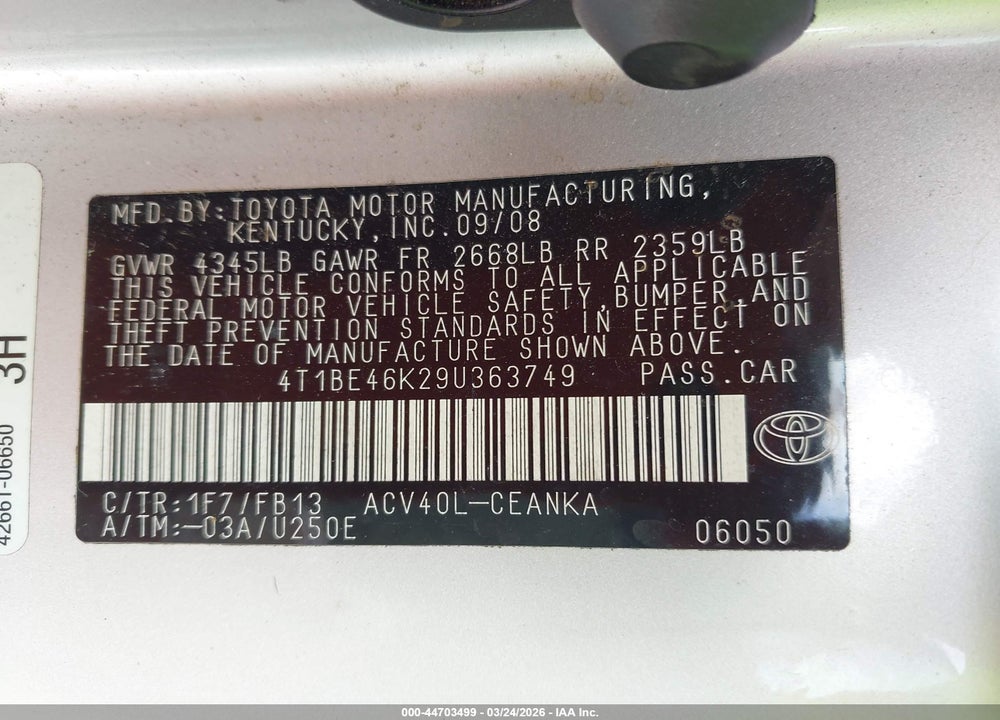 2009 TOYOTA CAMRY LE VIN: 4T1BE46K29U363749