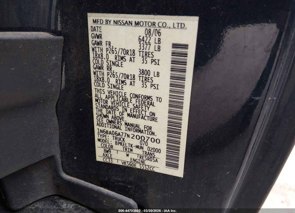 2007 NISSAN TITAN XE/SE/LE VIN: 1N6BA06A77N200700